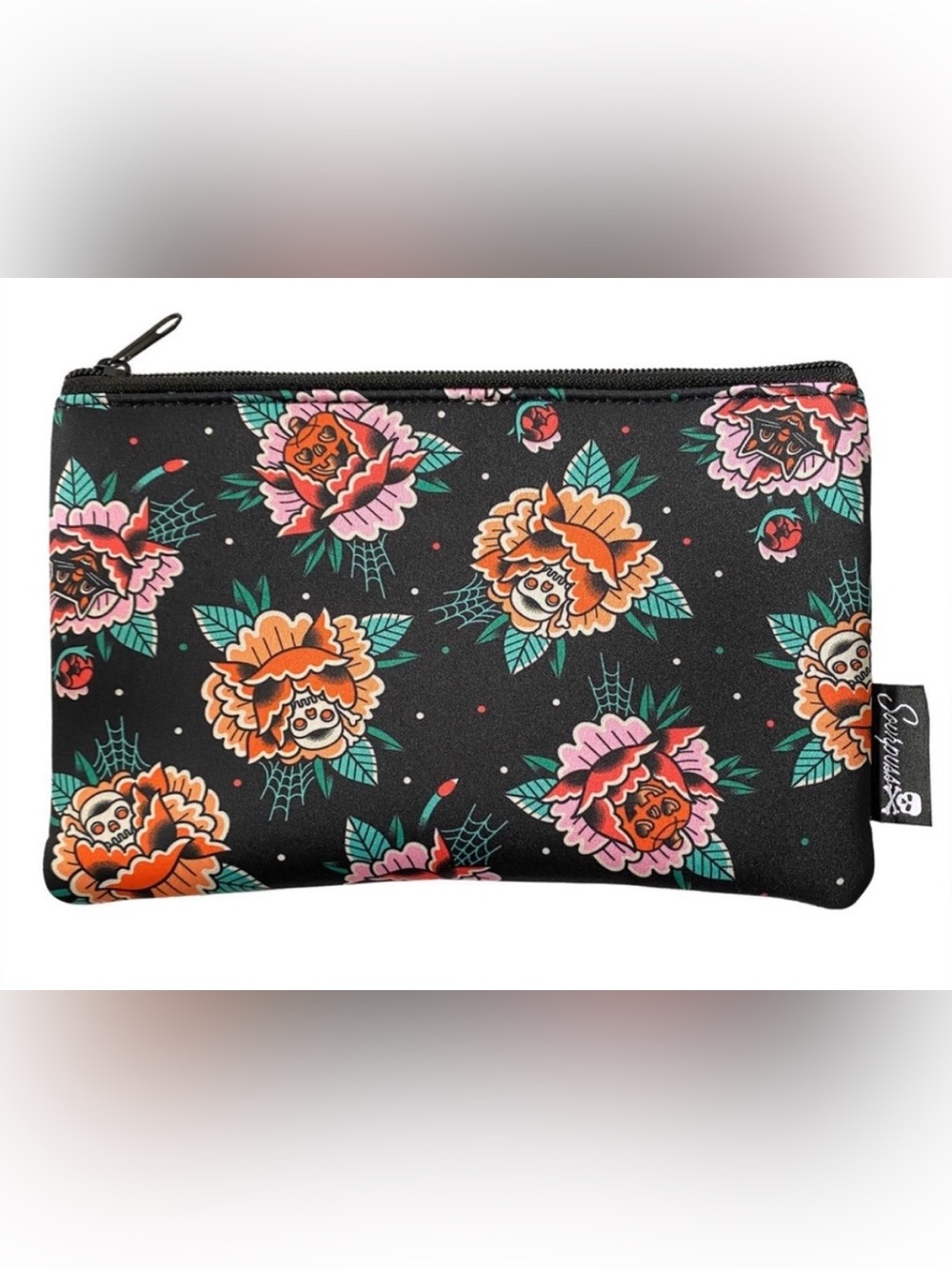 Sourpuss Peony Flowers w black cats skulls
pumpkins Makeup Pencil  Zip Case New